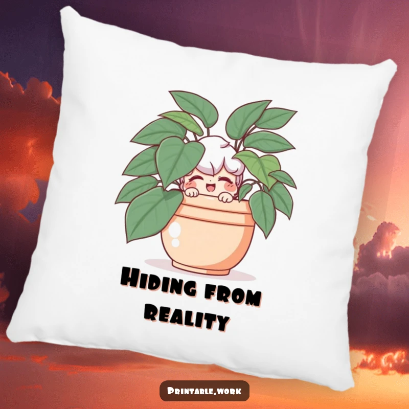 Funny throw pillow with a character hiding behind a plant, offering a subtle, playful wink.