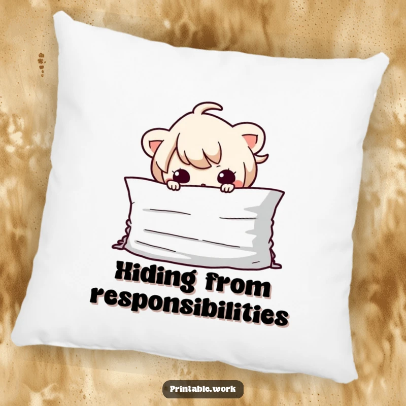 Funny Kawaii character hiding behind a stack of documents on a soft, decorative pillow, perfect for cozy, sneaky relaxation.