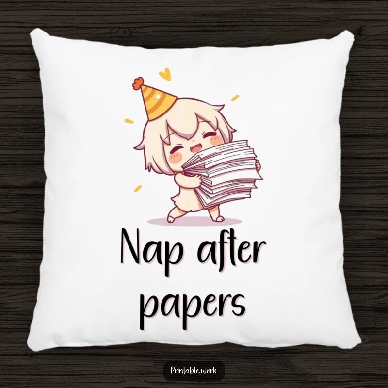 Funny Tripping Character Pillow: A soft pillow showcasing a character tripping with papers, a funny and comforting decor item.