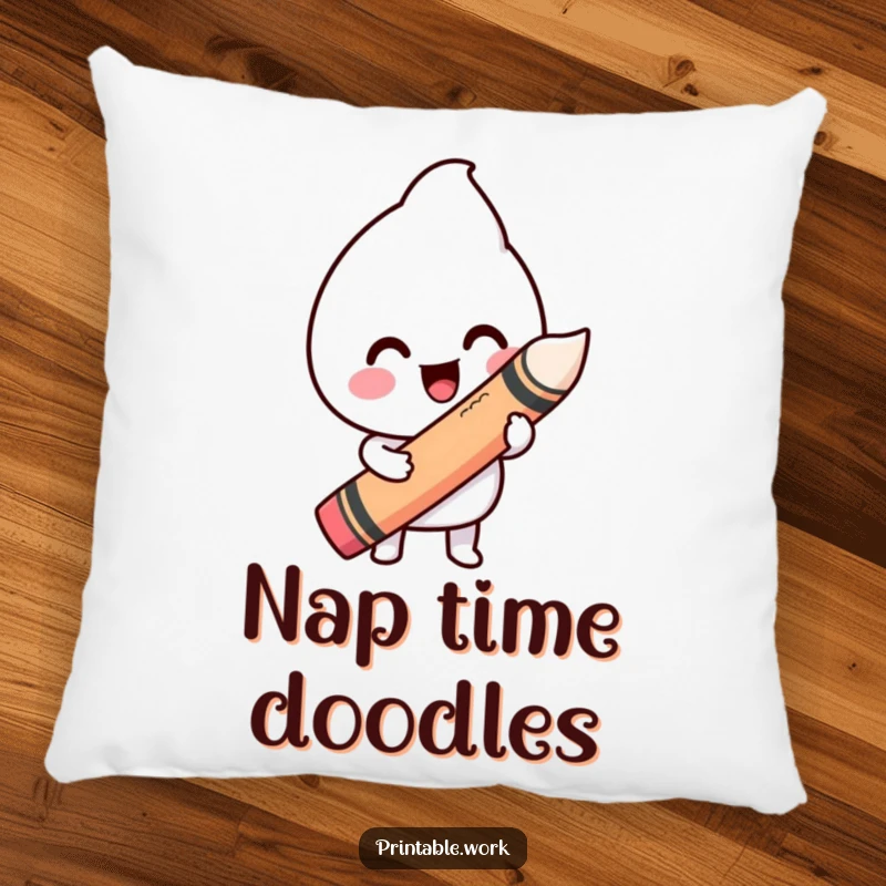 Funny pillow featuring a happy Kawaii character drawing a wiggly line with a giant crayon, offering comfort and artistic inspiration.