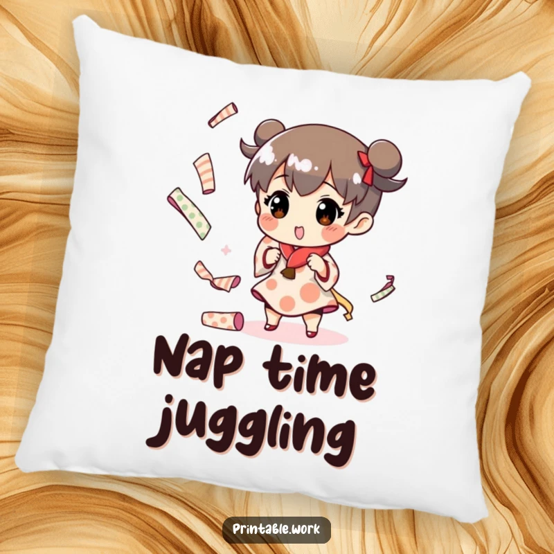 Funny decorative pillow with a character juggling paper rolls, bringing artistic humor and comfort to any room.