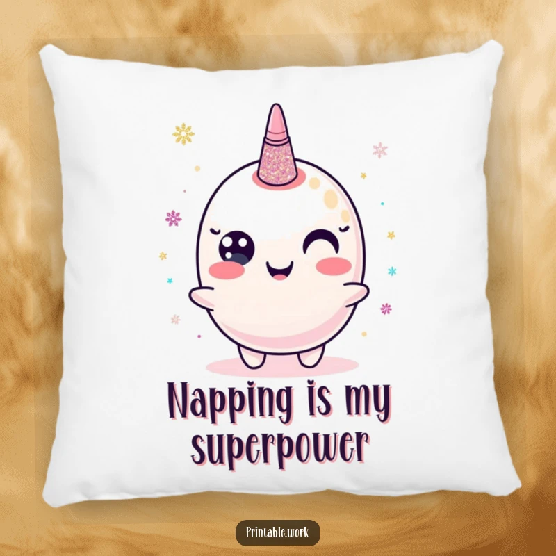 Funny pillow featuring a happy glitter glue character dispensing shimmering dots, perfect for adding creative comfort.
