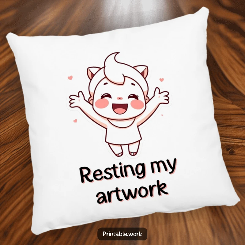 Funny pillow featuring a cute, smiling character happily adding colorful embellishments to a printable.