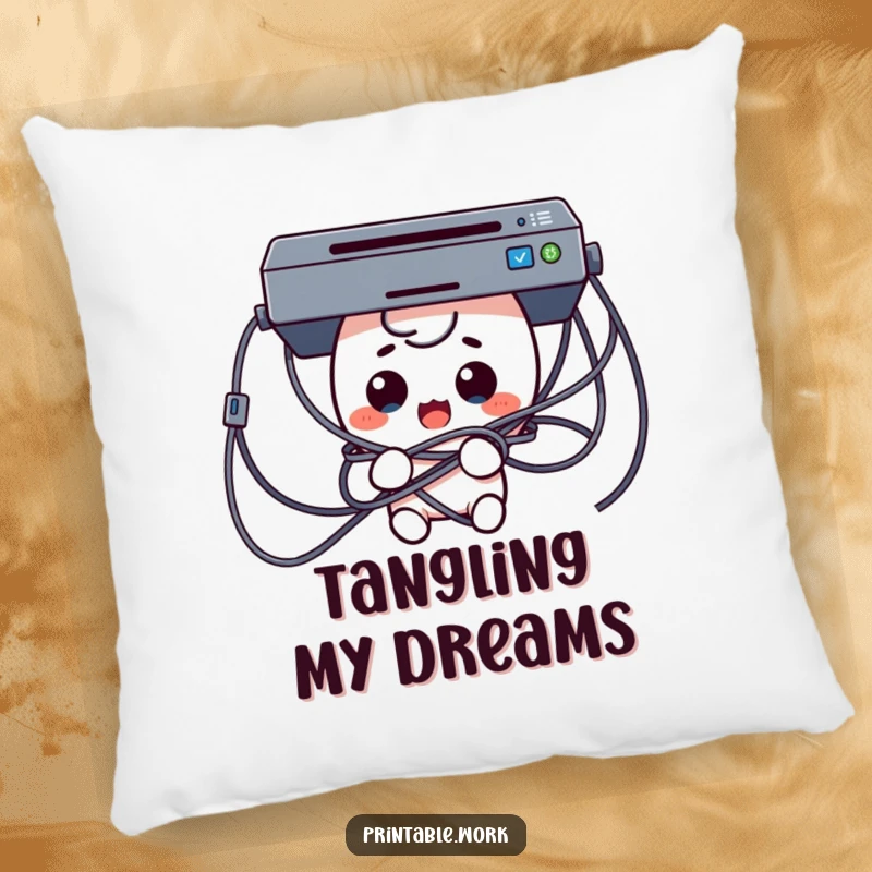 Funny Tech Trouble Pillow with a surprised Kawaii character comically tangled in printer cables, a soft and humorous accent piece.