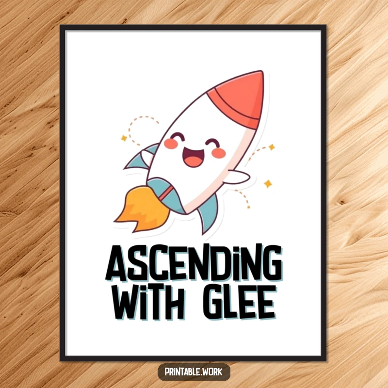 Funny digital art print of a giggling paper rocket character with flames blasting off, ready for printing.