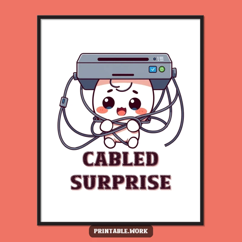 Funny Tech Trouble Digital Art: Surprised Kawaii Character in Cables Print
