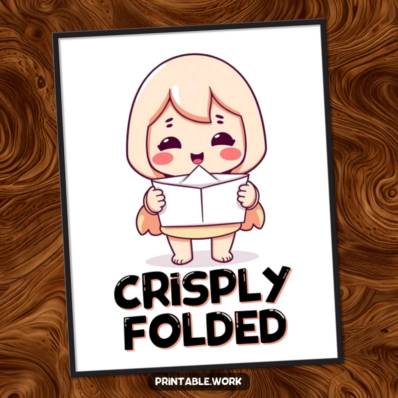 Funny digital art print: Printer character offering a perfectly folded piece of paper, celebrating neatness and humor.