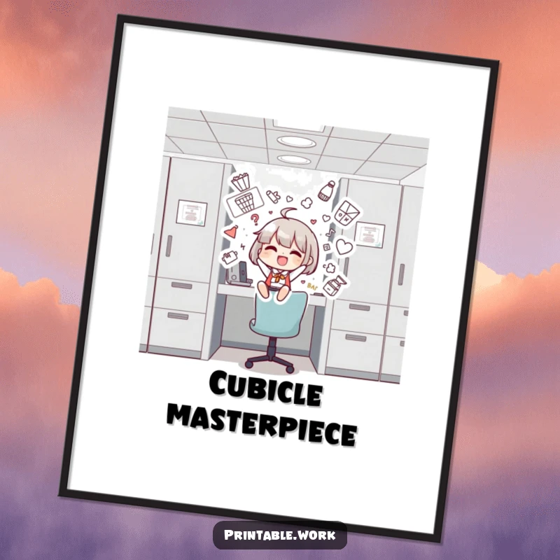 Funny digital art print of a character joyfully decorating a cubicle with silly and colorful drawings, embodying office creativity.