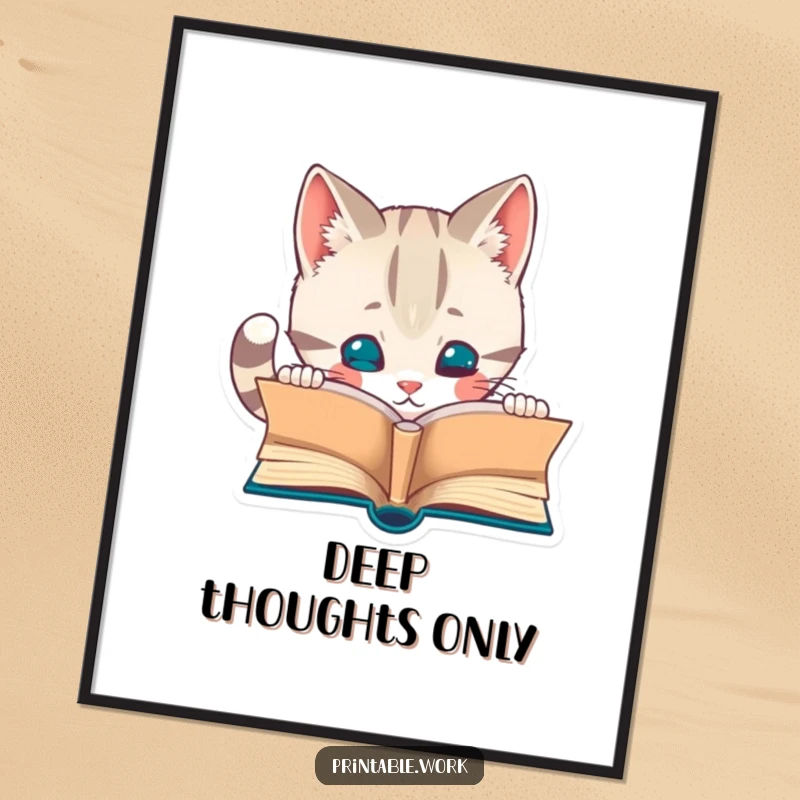 Funny digital art print of a curious cat character captivated by a miniature open book. Ideal for whimsical home decor.