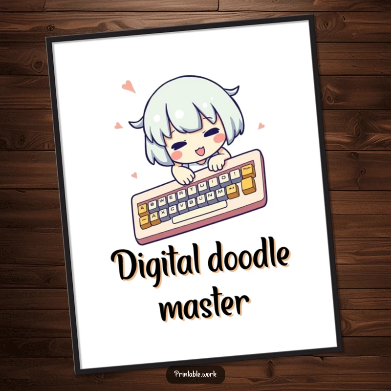 Funny kawaii character digital art print, frantically typing on a comically oversized keyboard, cute, busy, high-resolution, humorous.