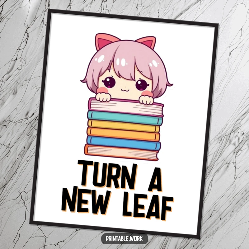 Funny digital art print of a cute character peeking from a stack of book pages, bringing literary charm and humor to any room.