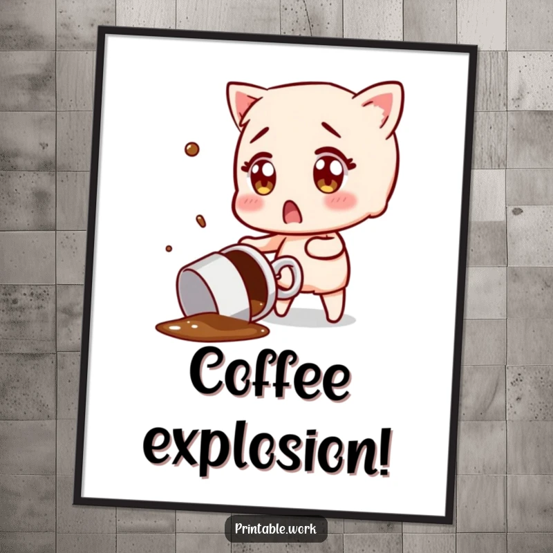 Funny digital art print of a character trying to catch a flying, spilled coffee mug, a humorous depiction of morning chaos.