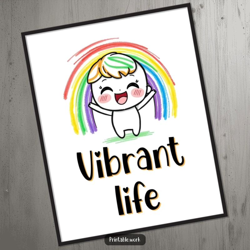 Funny delighted crayon character digital art print, vibrantly drawing a rainbow with colorful strokes, ideal for cheerful digital decor.