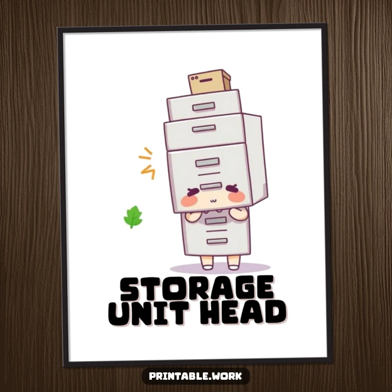 Funny filing cabinet hat digital art print, character wears filing cabinet as hat, humorous office decor.