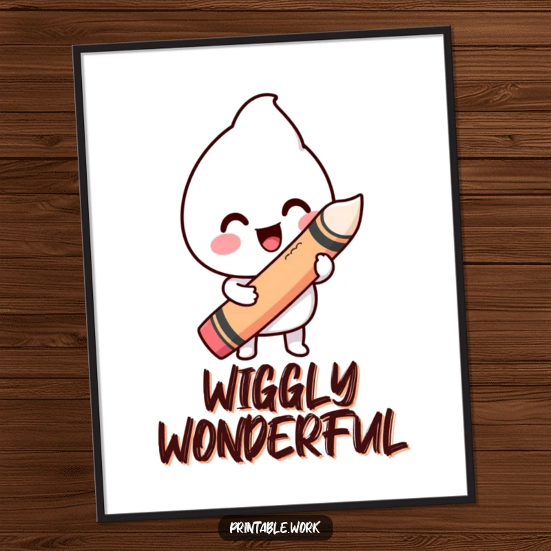 Funny digital art print of a happy Kawaii character drawing a wiggly line with a large crayon, ideal for instant, artistic decor.