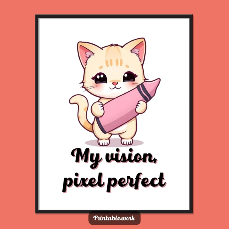 Funny Kawaii Cat Crayon Artist Digital Print: Instant Joyful Wall Art