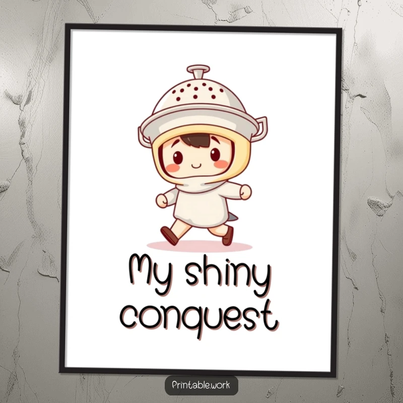 Funny Digital Art: High-resolution printable of a kawaii character marching with a colander helmet, radiating confidence and quirky charm.