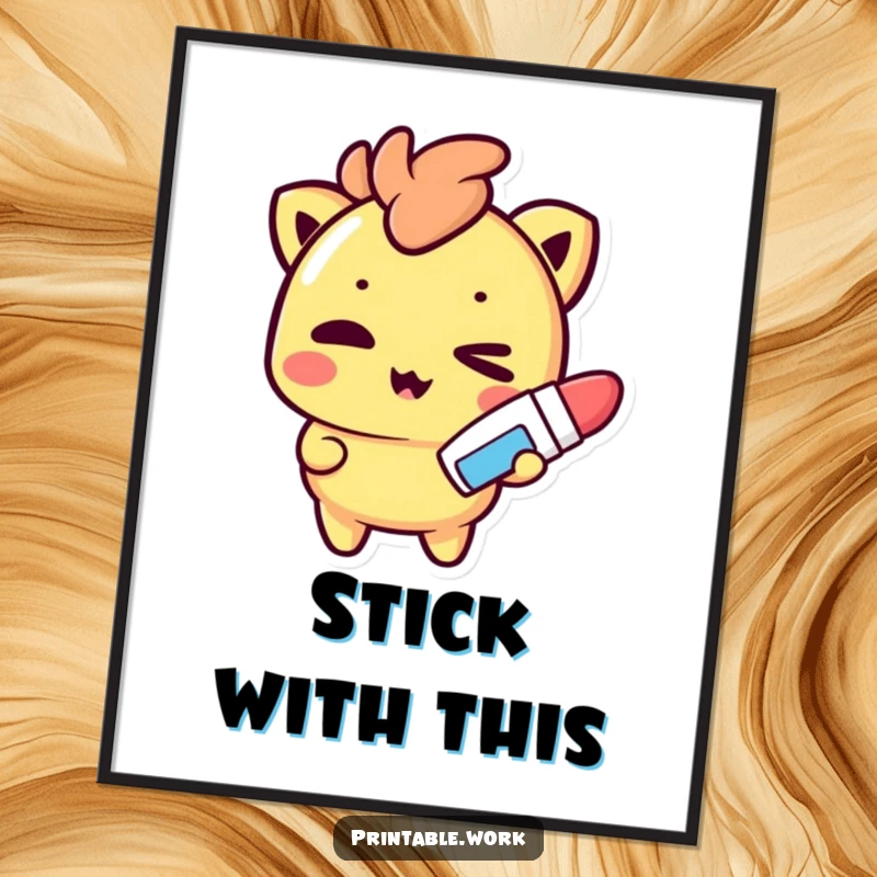 Funny Digital Art Print: A mischievous Kawaii character winks playfully while holding a glue stick, embodying crafty fun.