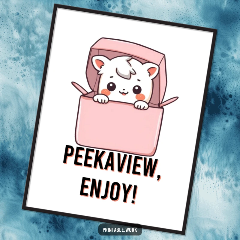 Funny Digital Art Print: A happy Kawaii character joyfully peeks out from a colorful box, ready to bring smiles.