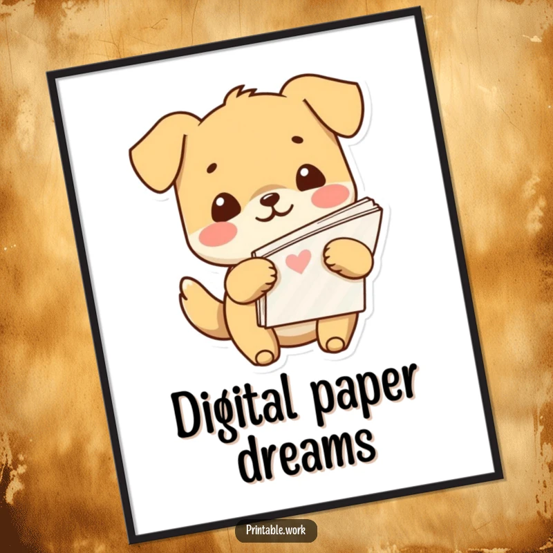 Funny Kawaii dog character beaming while holding a stack of patterned paper, available as an instant digital art download.