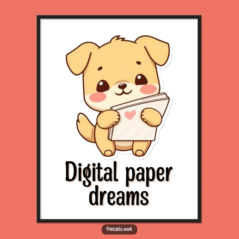Funny Kawaii Dog Paper Lover Digital Print: Instant Cheerful Decor
