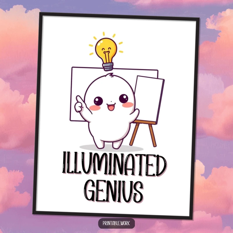 Funny Digital Art: High-resolution printable of a kawaii character with a lit idea bulb, pointing to a whiteboard, symbolizing brilliant ideas.
