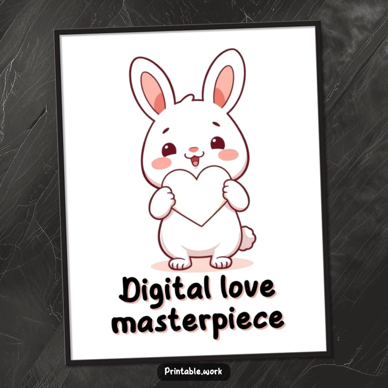 Funny Kawaii rabbit character cutting a heart shape, available as an instant digital art download for cheerful decor.