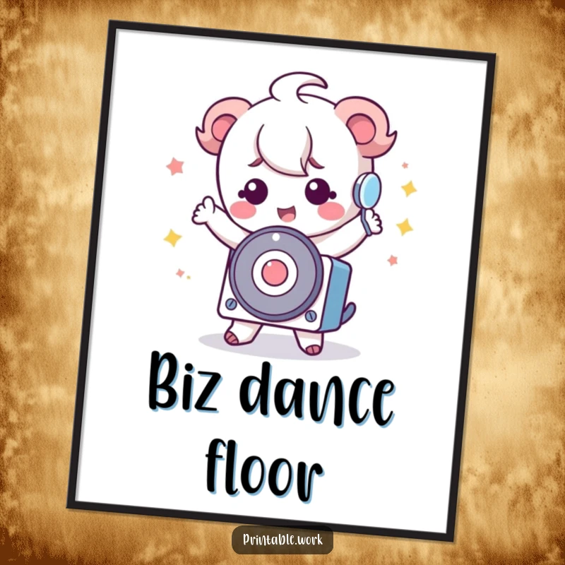 Funny Kawaii Rolodex Digital Art print of a cute Kawaii character doing a silly dance with a rolodex, a humorous and charming piece.