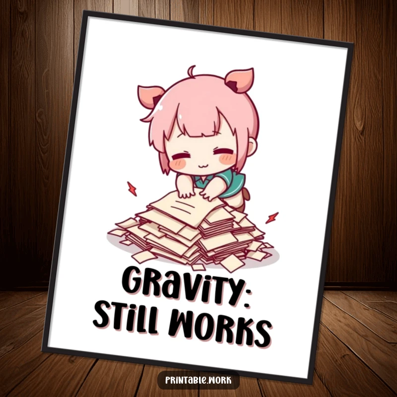 Funny Kawaii character comically tripping over a tiny pile of papers, digital art print for cute, humorous wall decor.