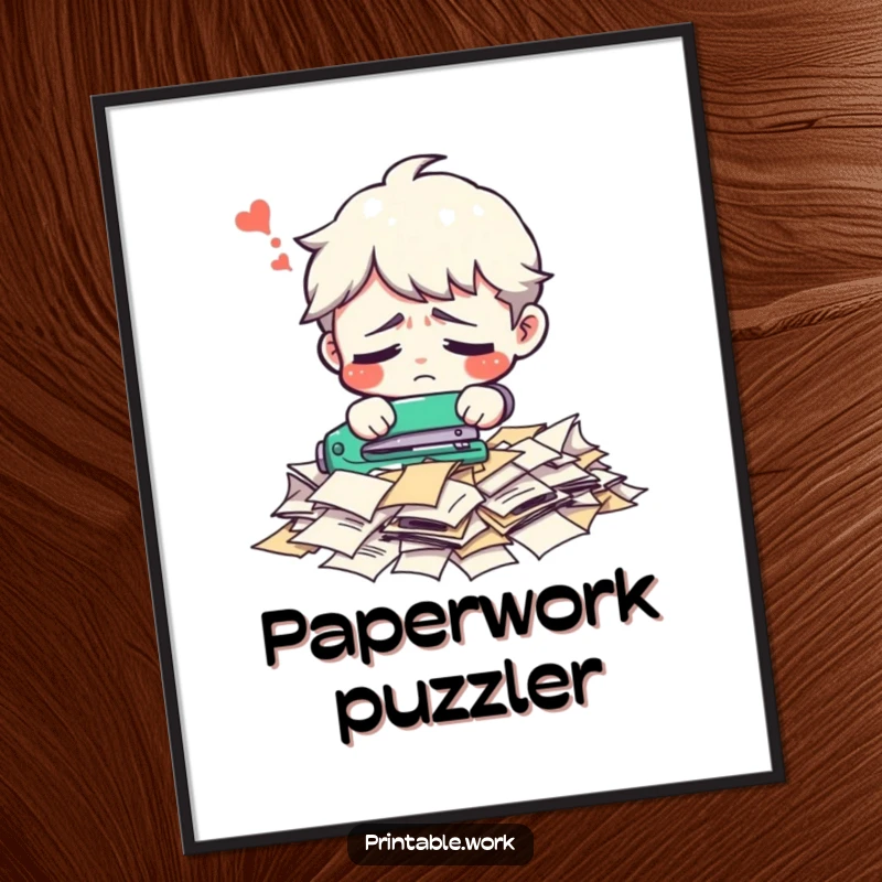 Funny office character digital art print, confused trying to staple a pile of loose papers, office humor, high-resolution, humorous.