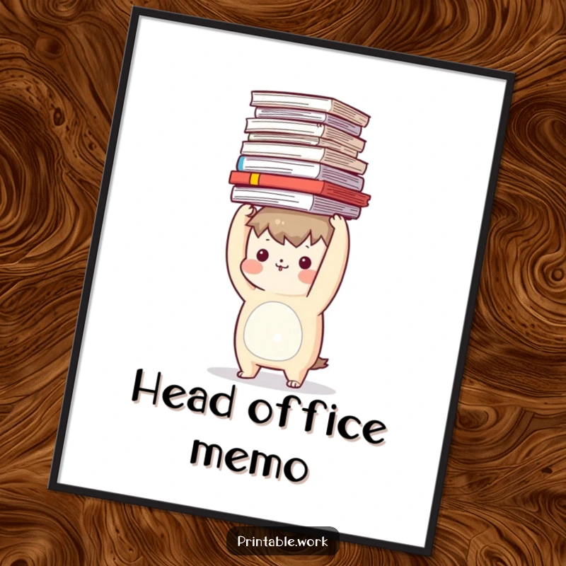 Funny digital art print of a character attempting to balance a large stack of documents on its head.
