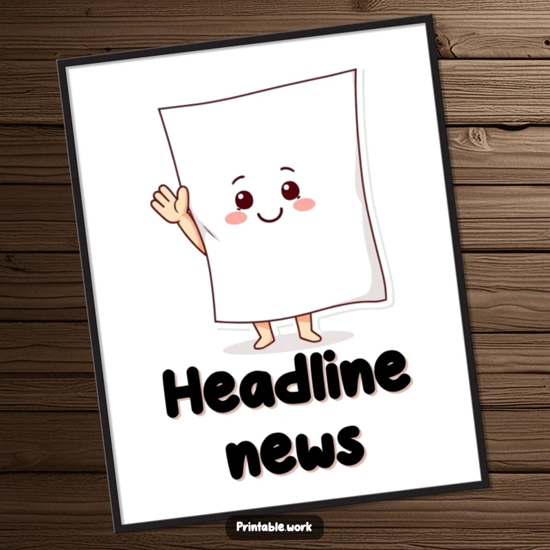 Funny digital art print of a smiling paper character waving a giant sheet, perfect for instant, humorous wall decor.