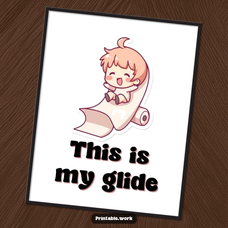 Funny Digital Art Print: Character slides down a paper roll, a vibrant and comical scene of pure joy and office freedom.