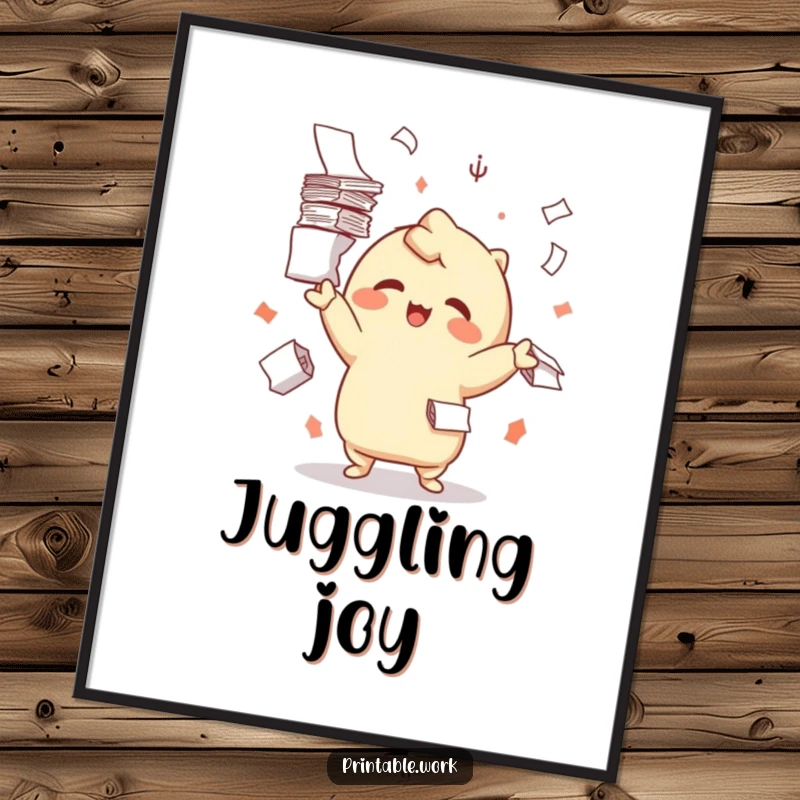 Funny digital art print of a happy Kawaii character juggling paper stacks, ideal for instant, humorous office decor.