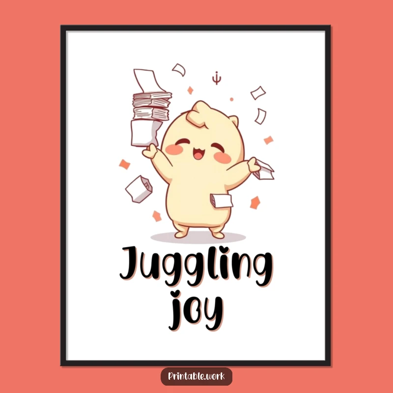 Funny Playful Kawaii Juggling Paper Digital Art - Instant Cheerful Decor Print