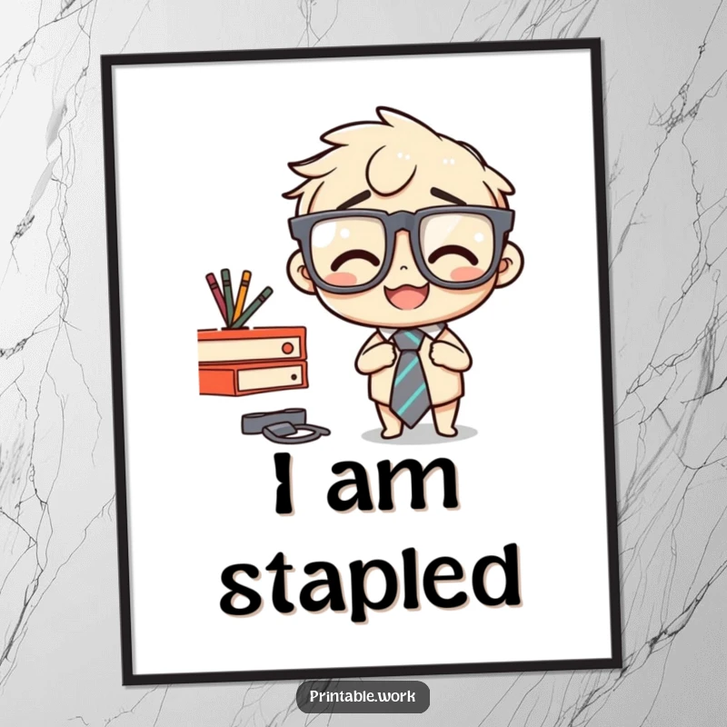 Funny digital art print of a character stapling their tie to a desk, a humorous office blunder for wall decor.