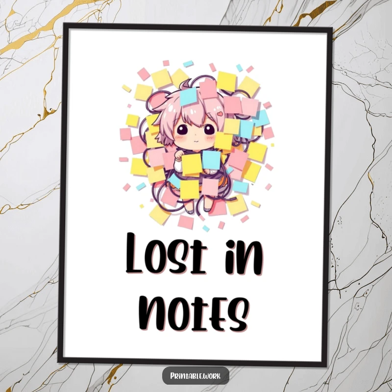 Funny digital art print of a character comically entangled in sticky notes, perfect for instant creative decor.