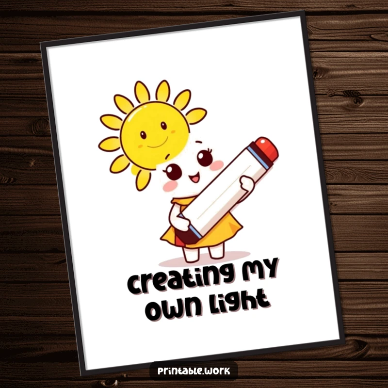 Funny Digital Art Print: A cute character holds a giant marker, drawing a smiling sun, bringing instant joy.