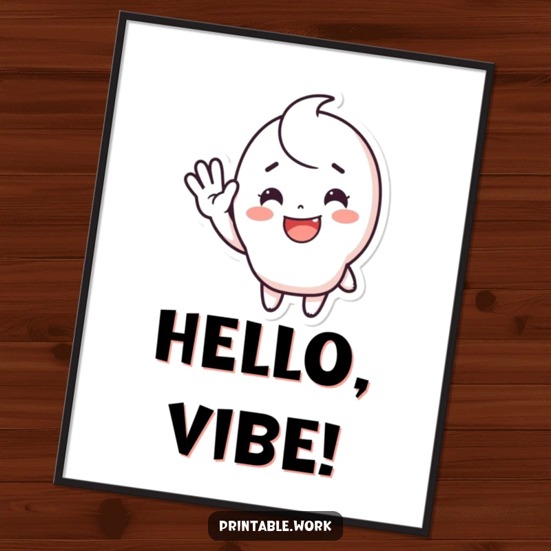 Funny waving sticker digital art print of a cute, happy character with a smile, waving enthusiastically, perfect for cheerful digital decor.