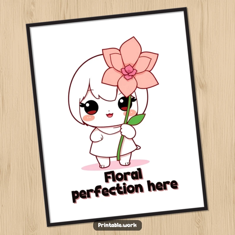 Cute Kawaii digital art print of a proud character beaming while displaying a beautifully crafted paper flower, symbolizing dedication and artistic skill.