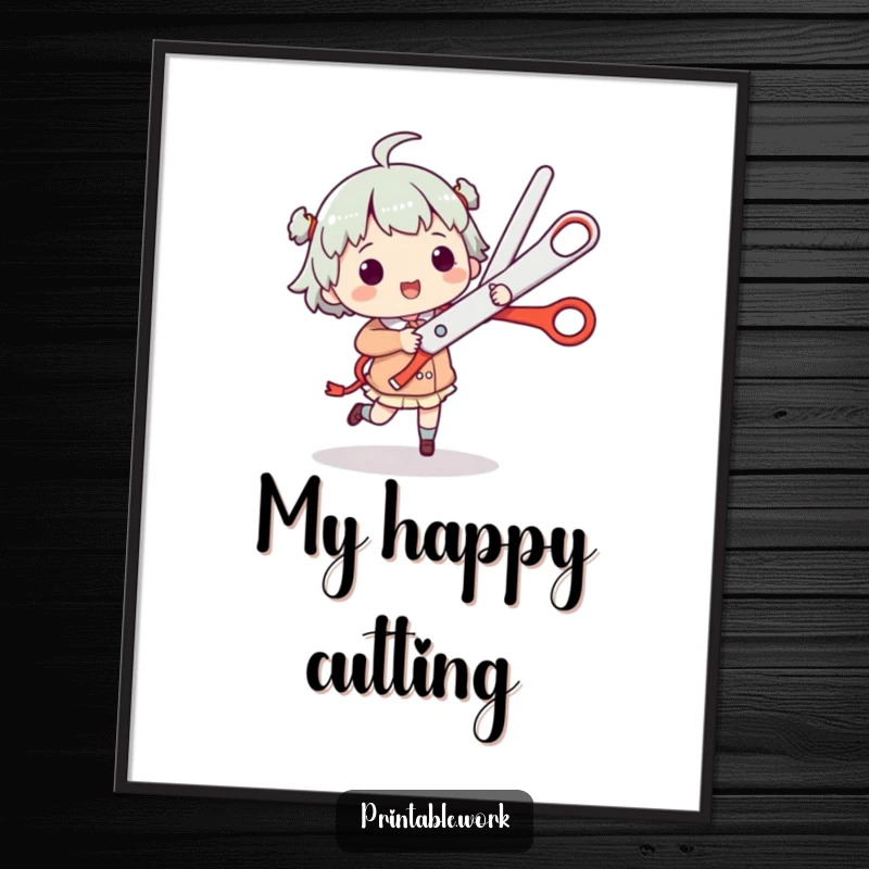 Funny Digital Art Print: Character dances a jig with giant scissors, a lively and humorous depiction of pure fun.