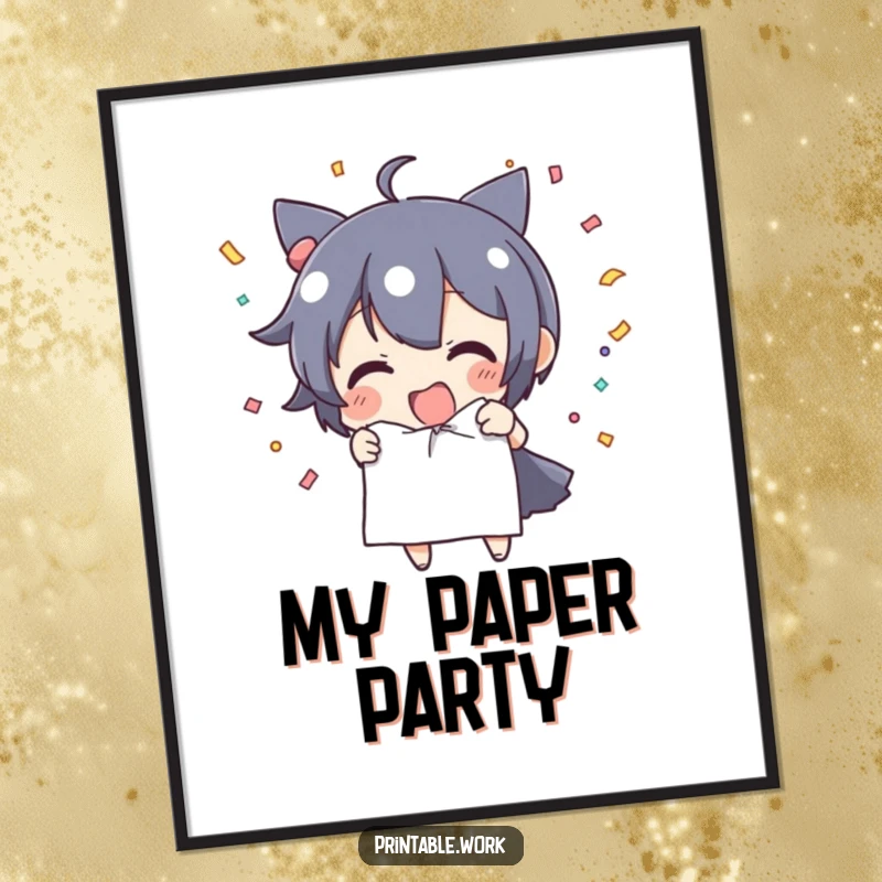 Funny Digital Art Print: Character tears paper releasing confetti, a vibrant and humorous depiction of pure joy.