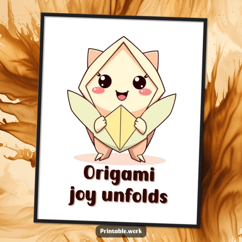 Funny digital art print of a character offering origami, symbolizing artistry and gentle humor for wall decor.