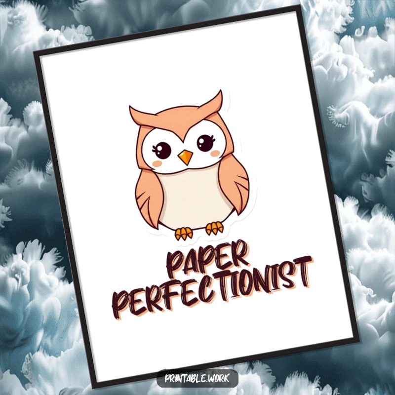 Funny Kawaii Owl Origami Digital Art Print of a determined owl folding origami, ready to print and display, a sophisticated funny gift.