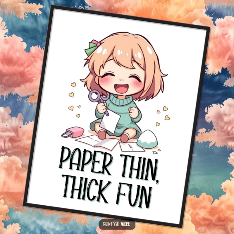 Funny Digital Art Print: A character giggles while cutting intricate paper shapes with scissors, bringing instant crafting joy.