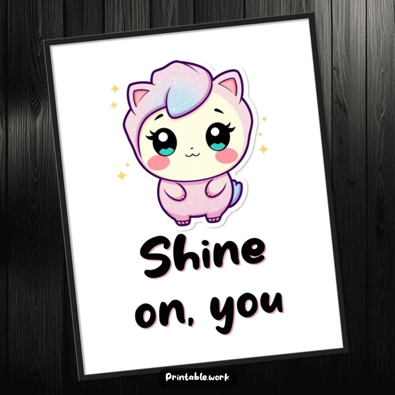 Funny digital art print of a curious glitter character sparkling and wiggling, ready to add vibrant, humorous decor.