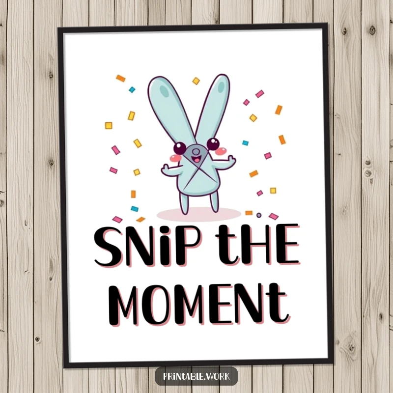Funny playful scissors character digital art print, happily snipping confetti, ideal for festive and cheerful digital decor.