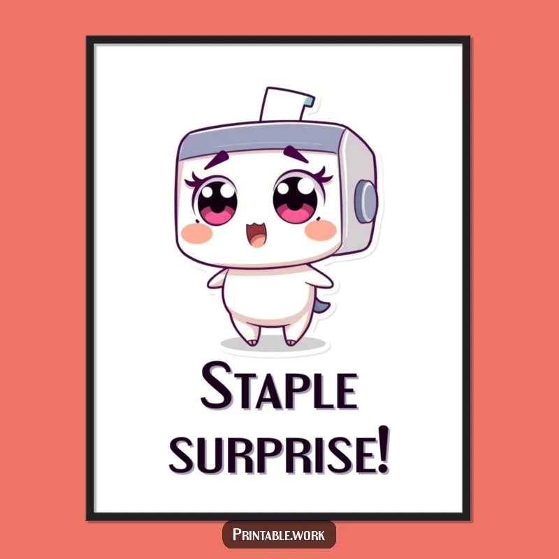 Funny Printer Digital Art: Wide-eyed character's staple shock, a hilarious print for vibrant decor.