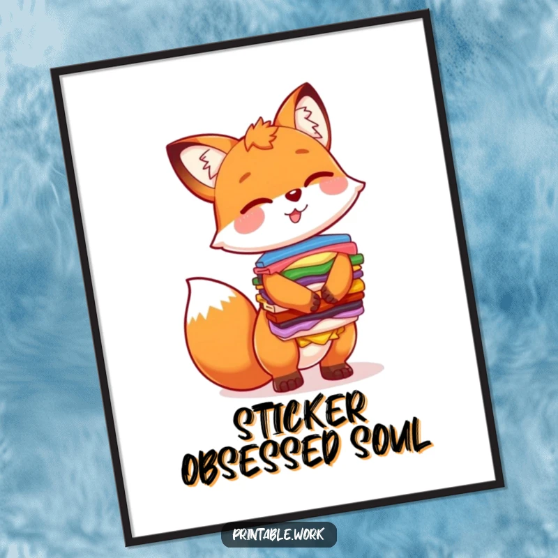 Funny digital art print featuring a laughing fox character skillfully balancing a tall stack of vibrant, assorted stickers, full of life.