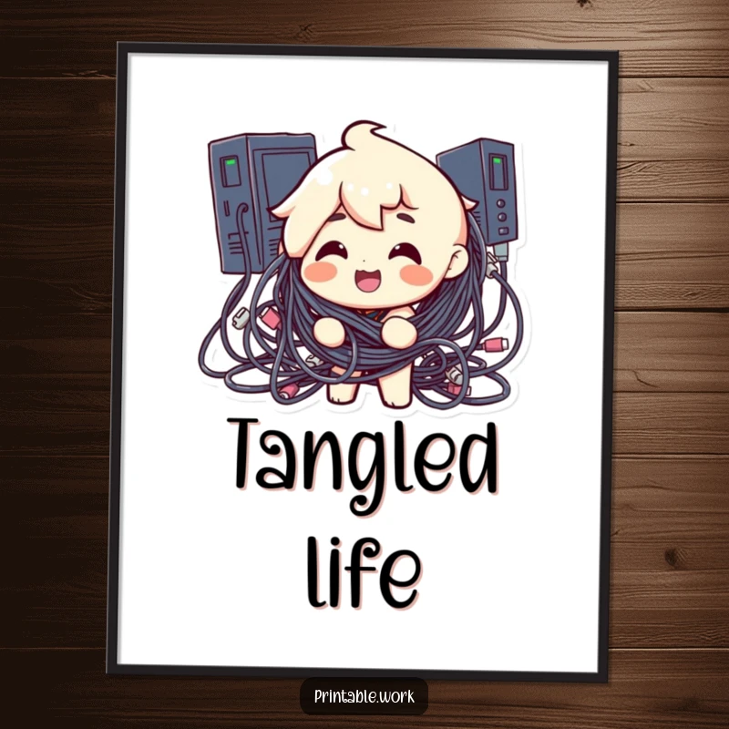 Funny digital art print of a character tangled in a mess of computer cables, a humorous depiction of tech clutter.
